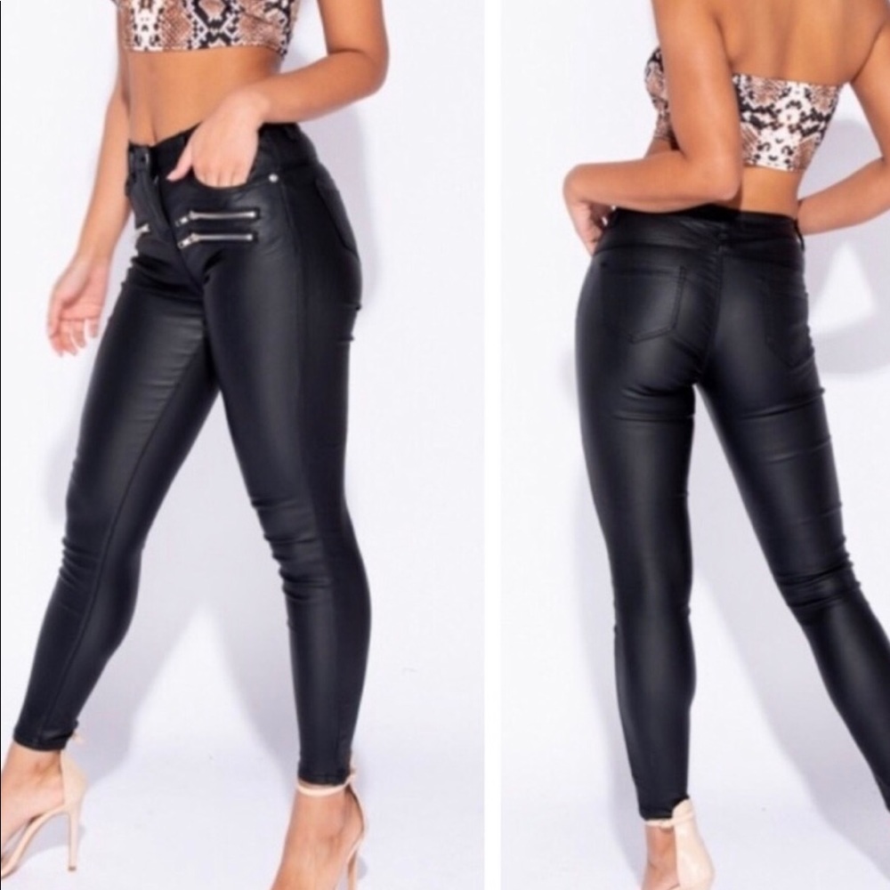 Leather Look 3 Zip Jeans - Picture 2 of 8